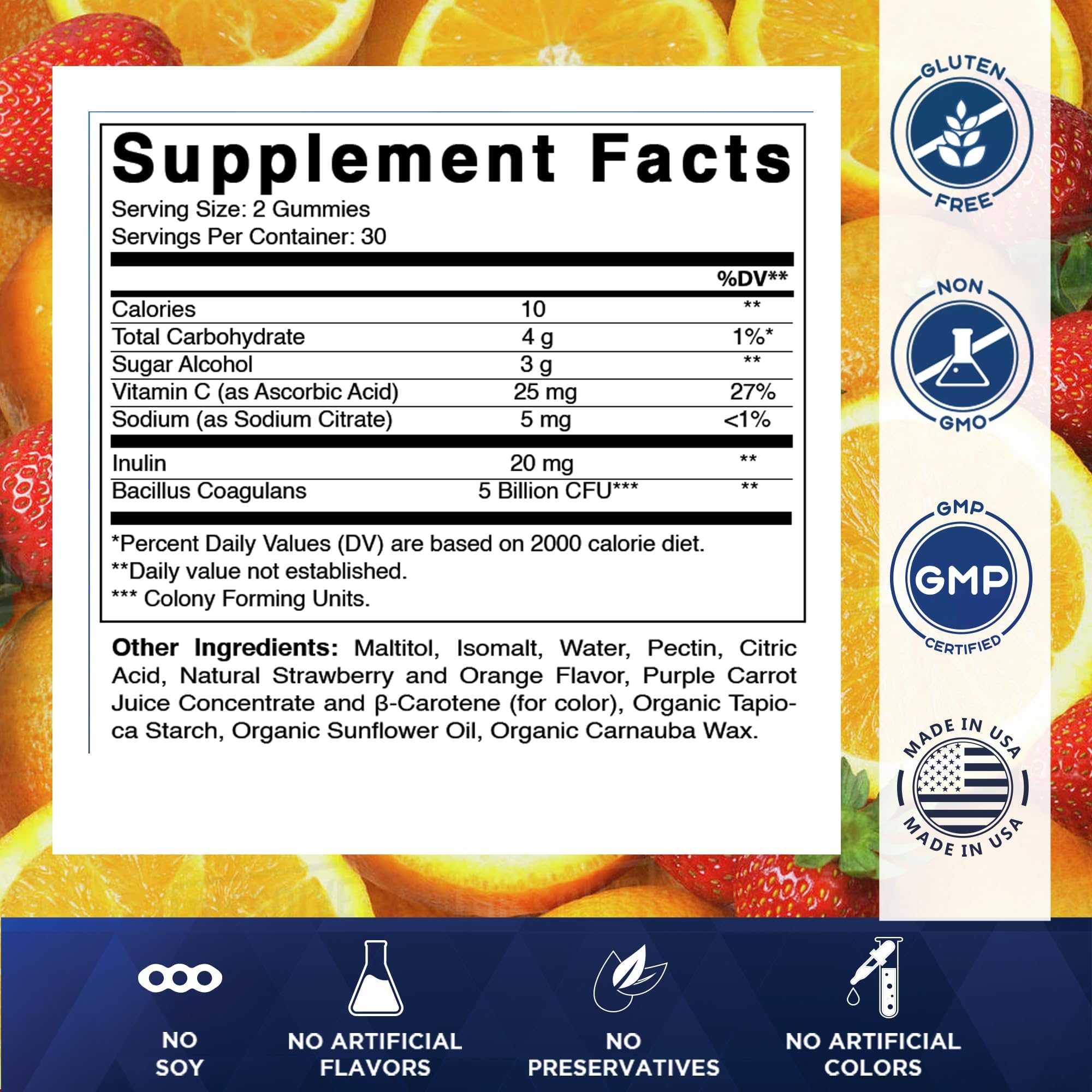 Vitamatic Sugar Free Probiotic + Prebiotic Gummies, 60 Count | 5 Billion CFU Bacillus Coagulans per serving, Support Digestive Health and Gut Flora Balance*, Non-GMO, Made in USA