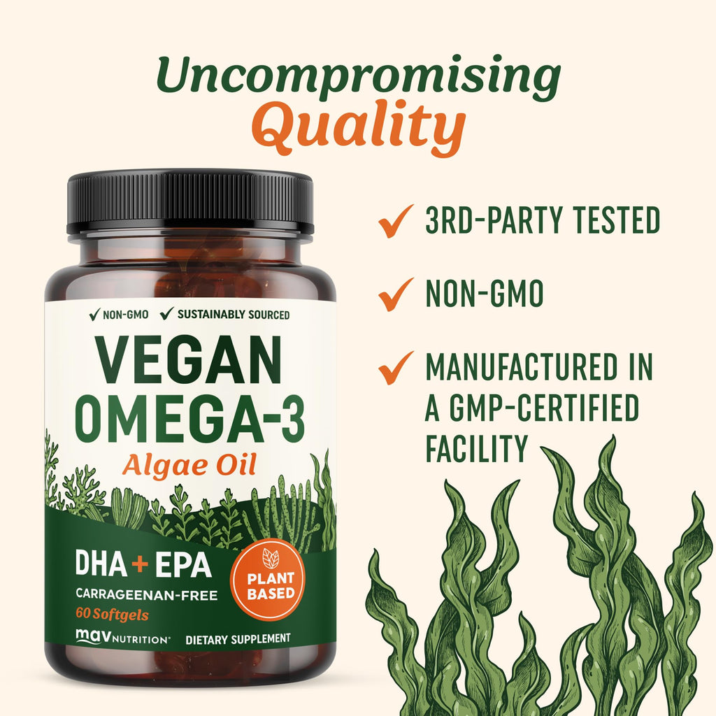 Vegan Omega 3 Algae Oil, Plant Based DHA EPA, Sustainably Sourced, Non-GMO | Carrageenan-Free, Heart Brain & Eye Health Support, Fish Oil Alternative, Omega 3 Fatty Acid Supplements, 60 Vegan Softgels
