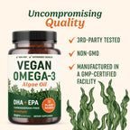 Vegan Omega 3 Algae Oil, Plant Based DHA EPA, Sustainably Sourced, Non-GMO | Carrageenan-Free, Heart Brain & Eye Health Support, Fish Oil Alternative, Omega 3 Fatty Acid Supplements, 60 Vegan Softgels