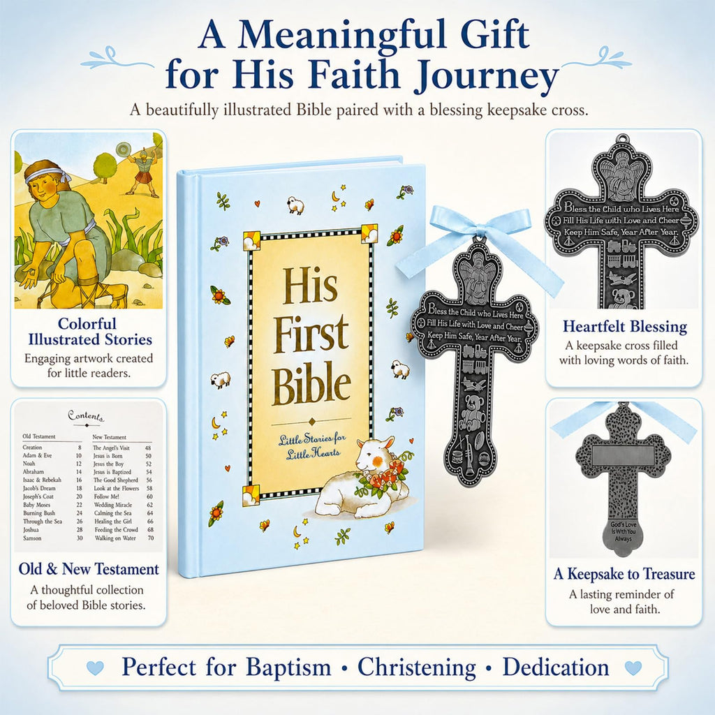 Baby Boy First Bible and 4" Pewter Baptism Guardian Angel Crib Cross (Original Version)-L8