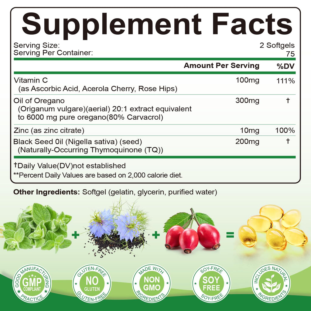 Oil of Oregano with Black Seed Oil, 6000mg/Serving, 150 Softgels | Oregano Oil Capsules for Immune Support with High Carvacrol & Thymoquinone, Antioxidant, Non-GMO, Gluten Free