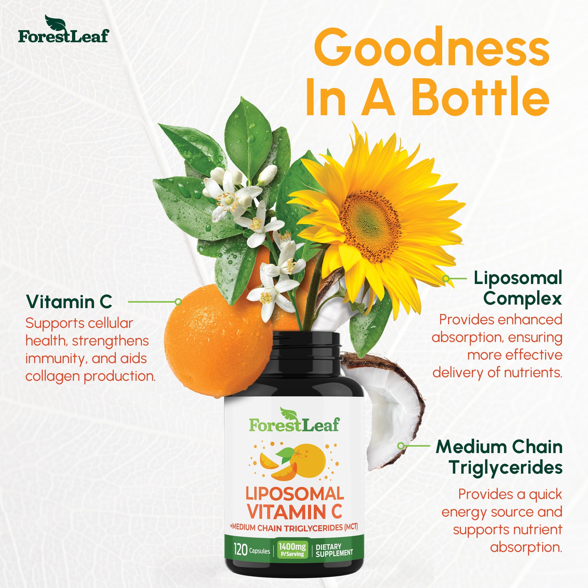 ForestLeaf Liposomal Vitamin C 1400mg Capsules | High Dose Vitamin C Liposomal Supplement w Coconut Oil Fatty Acids | Fast Absorption | Immune Support, Antioxidant, Collagen Production | 120 Vegan Cap