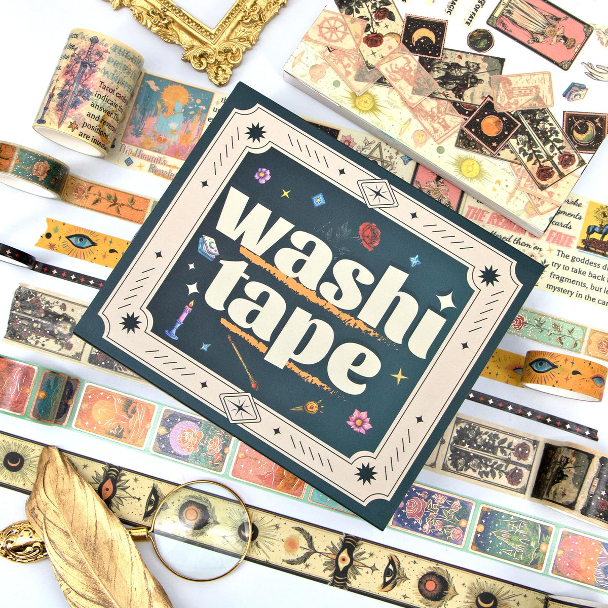Gold Foil Tarot Washi Tape Set, 23 Rolls Vintage Decorative Washi Tape with 14 Gold Foil Designs, Assorted Widths for Journaling, Scrapbooking, Bullet Journal, Planner, Card Making & DIY Crafts