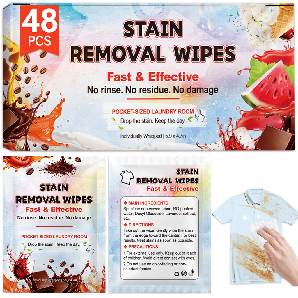 48CT Stain Remover Wipes,Portable Travel-Size Laundry Wipes for Clothes