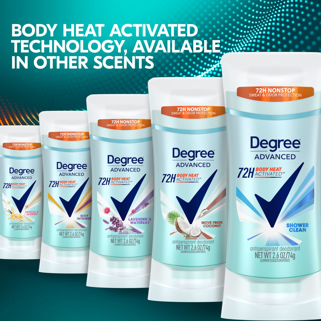 Degree Advanced Antiperspirant Deodorant 4 count 72-Hour Sweat & Odor Protection Shower Clean Antiperspirant for Women with MotionSense Technology 2.6 oz | For active days, Helps stay fresh & confident, With MotionSense, Shower Clean scent