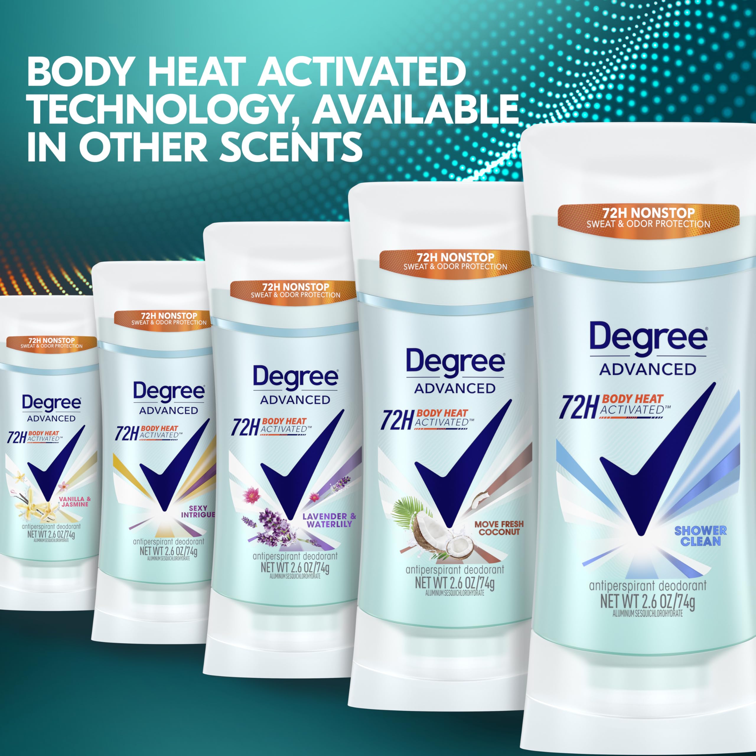 Degree Advanced Antiperspirant Deodorant 4 count 72-Hour Sweat & Odor Protection Shower Clean Antiperspirant for Women with MotionSense Technology 2.6 oz | For active days, Helps stay fresh & confident, With MotionSense, Shower Clean scent