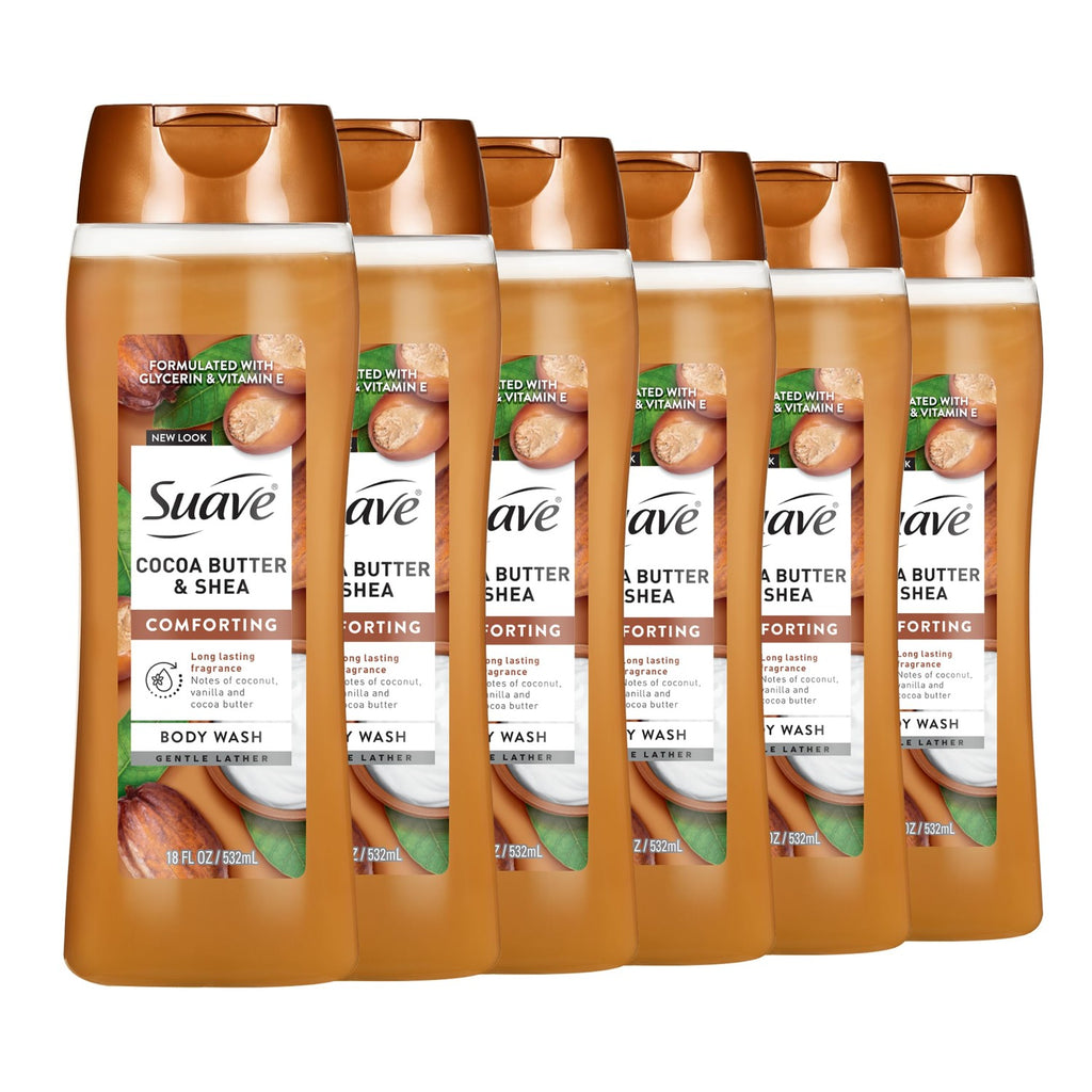 Suave Moisturizing Body Wash, Cocoa Butter and Shea with Vitamin E Extract, No Parabens, No Phtahaltes, 18 Oz (Pack of 12)