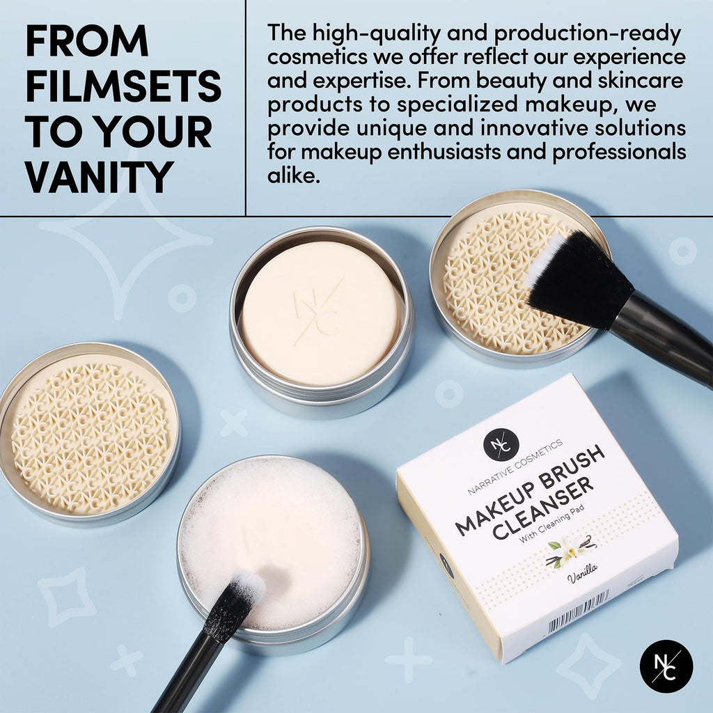 Narrative Cosmetics Makeup Brush Cleaner Soap with Silicone Scrubber Pad | Solid Cleanser for Brushes & Beauty Blenders | Vegan, Cruelty-Free, Avocado Jojoba Argan Oil, Vanilla Scent, 2.45 Oz