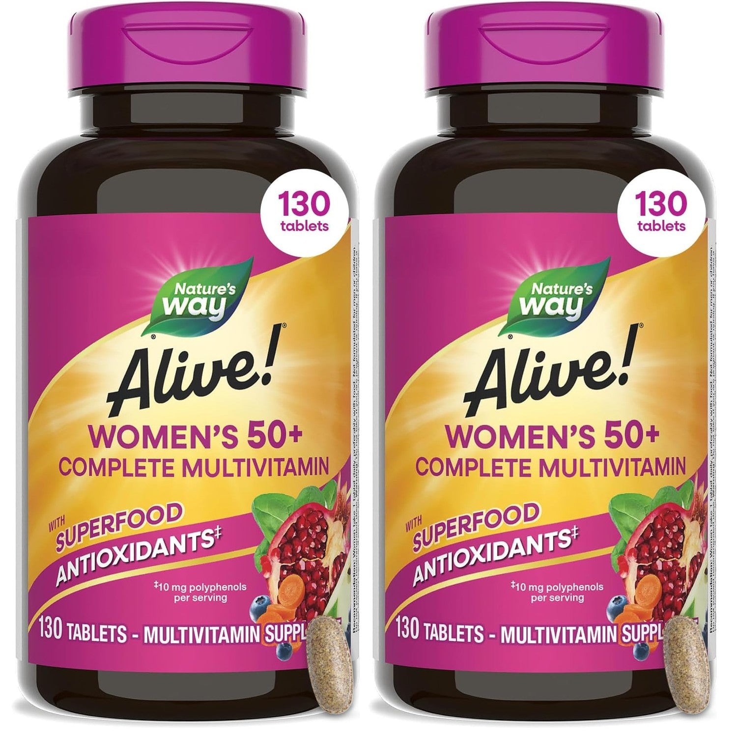 Nature's Way Alive! Women's 50+ Complete Multivitamins, Supports Healthy Heart, Brain, Bones*, Superfood Antioxidants, B-Vitamins, Gluten Free, 130 Tablets (Packaging May Vary),(Pack of 2)