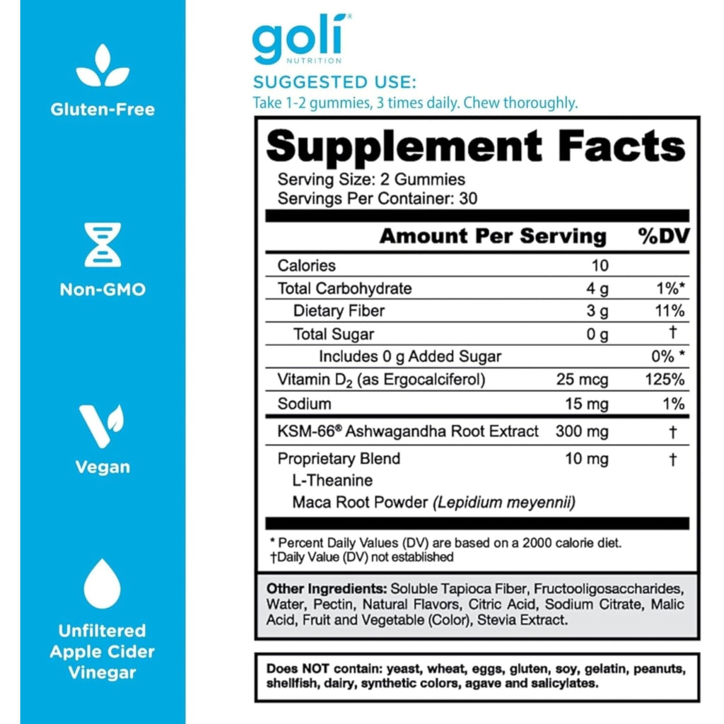 Goli Zero Sugar Ashwagandha Gummies with KSM-66, L-Theanine, Maca and Vitamin D - No Sugar Alcohols - Vegan, Keto-Friendly, Non-GMO