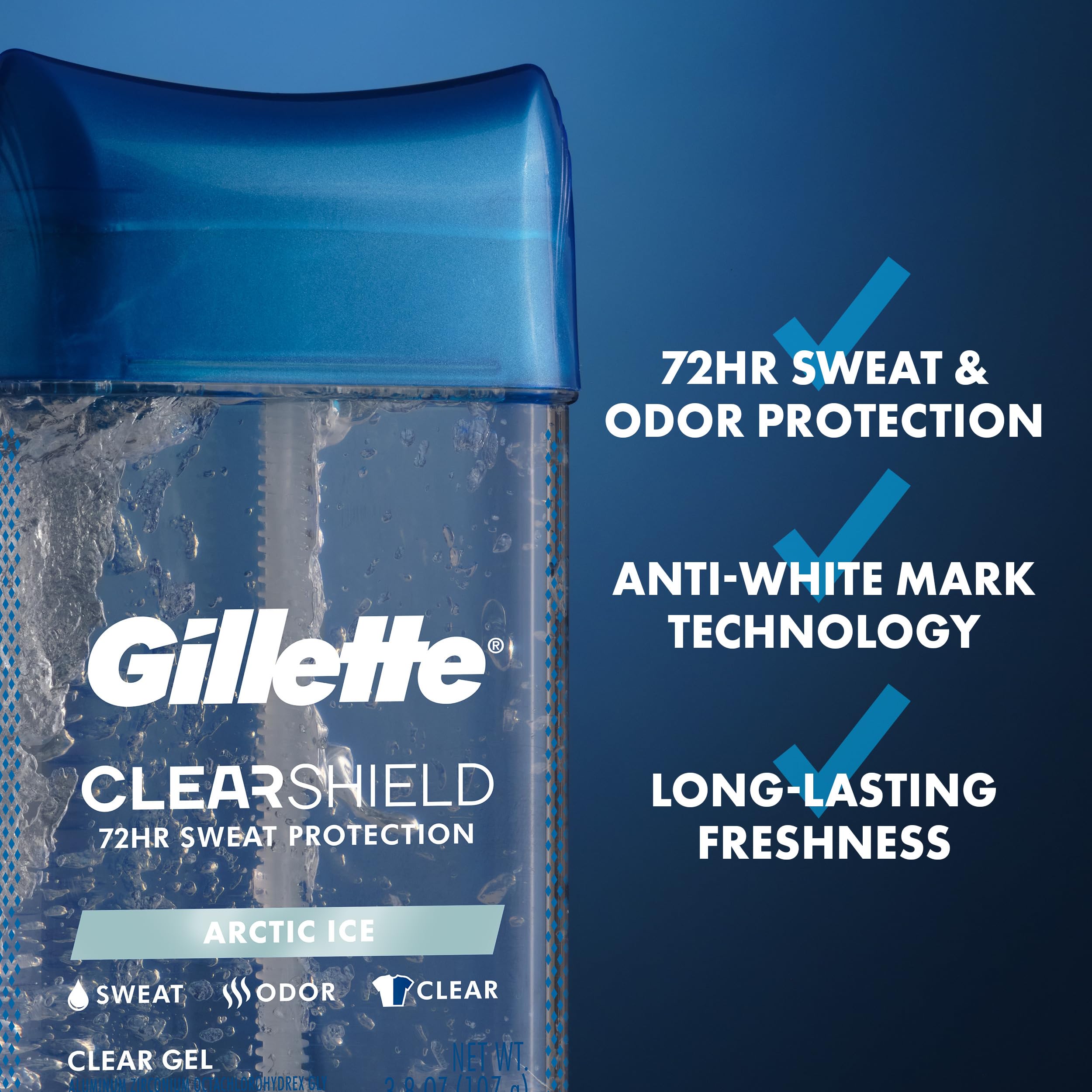 Gillette Antiperspirant and Deodorant for Men, 72hr Sweat & Odor Protection, Long Lasting Freshness, Anti-White Mark Technology, Clear Gel, Arctic Ice Scent, 3.8 oz (Pack of 2)