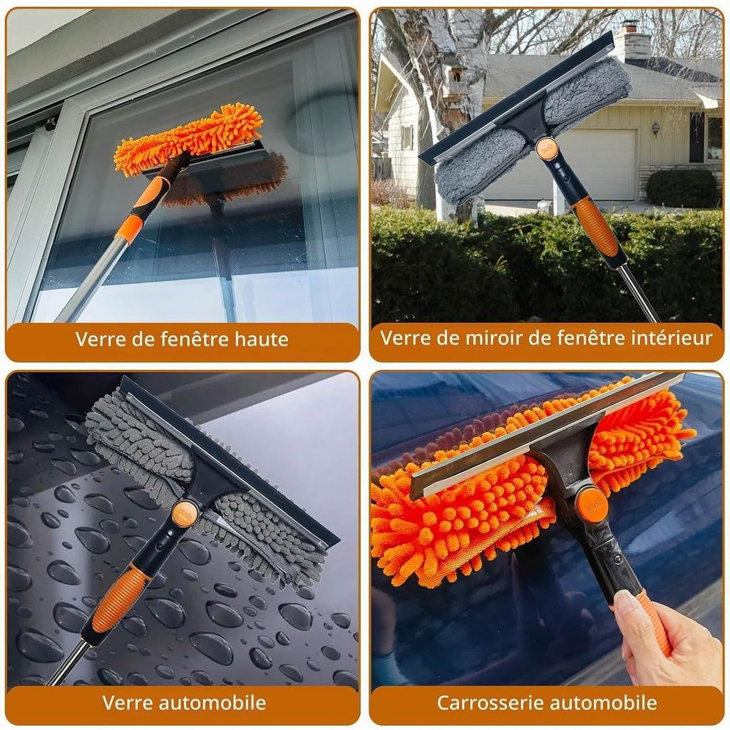 20 ft+ Reach Squeegee Window Cleaner Duster 2 in 1 Rotatable Window Cleaning Tool Kit with 3-14 ft Extension Pole, Window Washing Equipment for Indoor Outdoor Window Car Glass - 3 Pads
