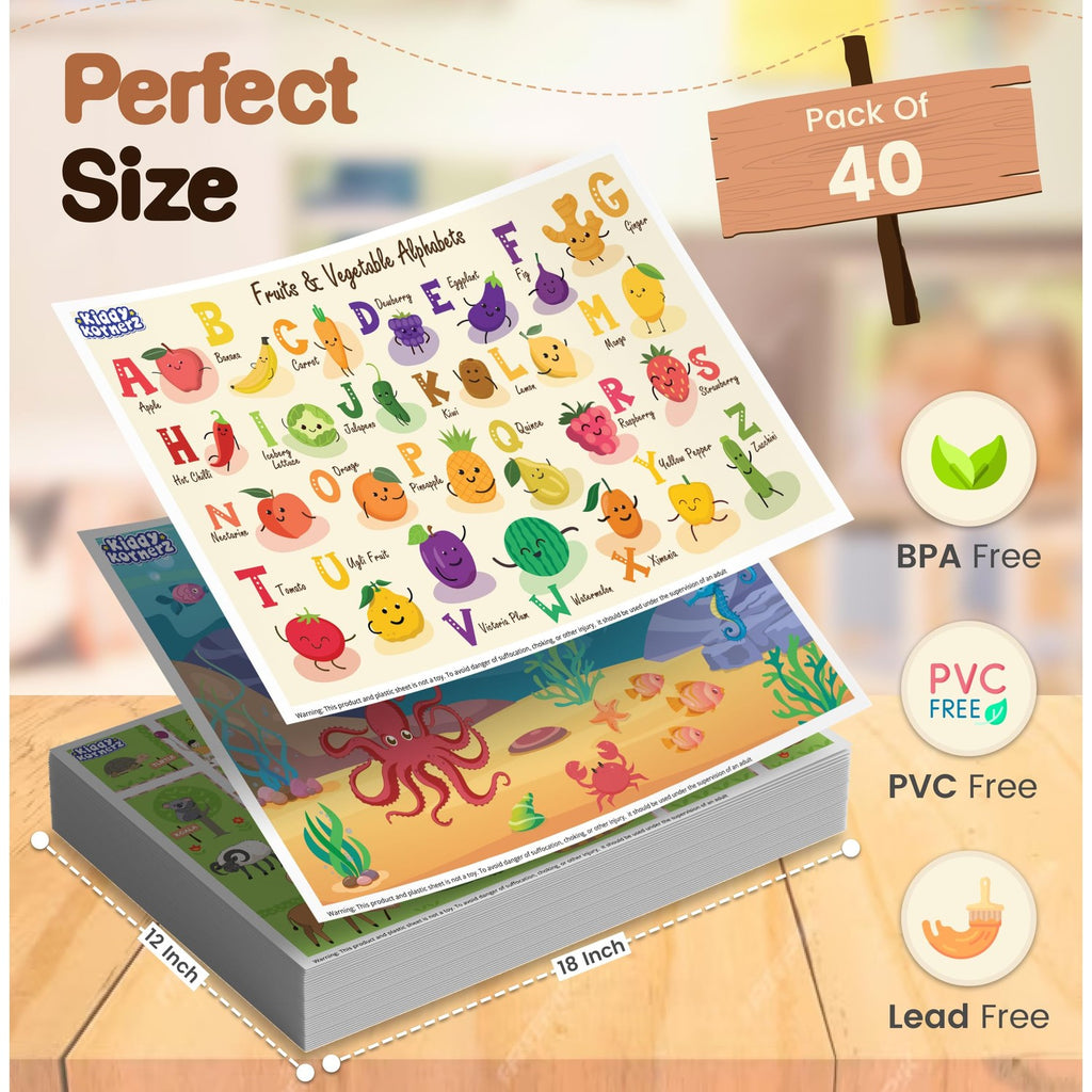 40 Pack Waterproof Disposable Placemats for Baby, Place mats for Kids, Toddler - Kids Placemats for Dining Table Tyke, Restaurants, and Travel (Aquarium, Alphabet and Zoo Theme)