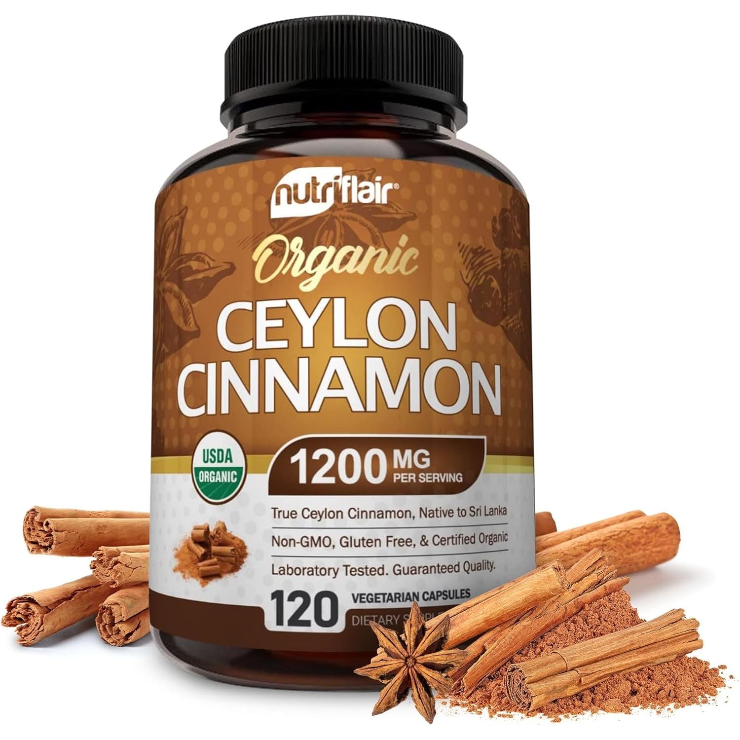 Buy now NutriFlair Organic Ceylon Cinnamon Supplement 1200mg, 120 Capsules - USDA Certified - Non-GMO, Gluten Free Powder, Antioxidant Pills at indiglob india