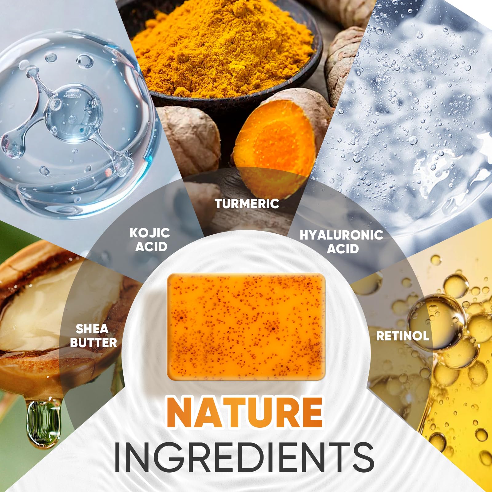 5 Pcs 80g Turmeric Kojic Acid Soap Bars with 2 Foaming Mesh Nets | Infused with Retinol, Collagen, Vitamin E & Shea Butter, SLS-Free, Gentle for Face, Body & Underarms, Fits Oily & Dry Skin