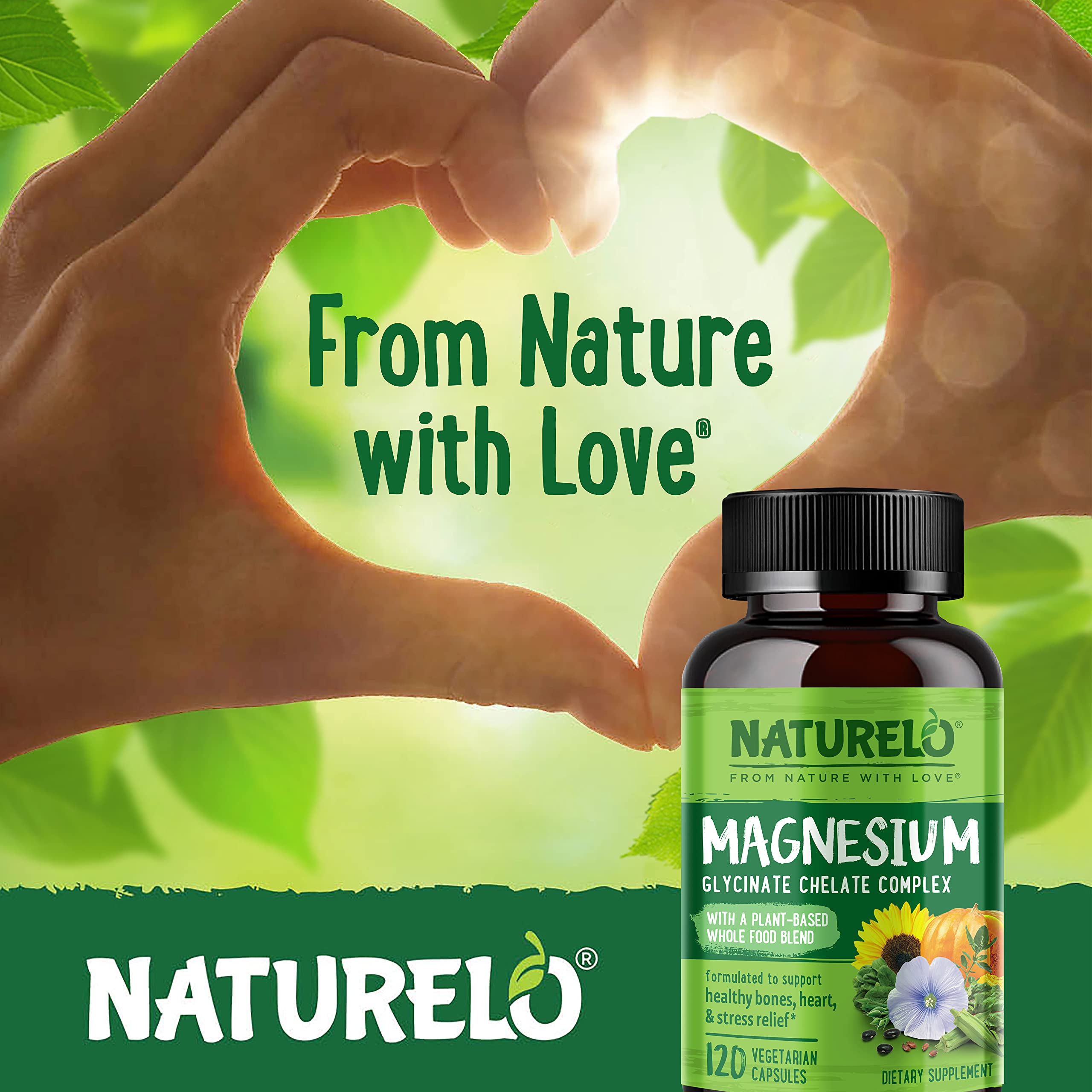 NATURELO Magnesium Glycinate Chelate Complex - 200 mg Magnesium, 120 Count | Support Sleep, Calm, Muscle Cramp & Stress Relief, Gluten Free, Non GMO, with Organic Vegetables