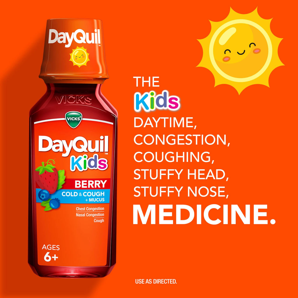 Buy now VICKS Kids DayQuil & NyQuil Berry Cold & Cough Medicine Co-Pack, Daytime & Nighttime Relief of Multiple Symptoms, Great-Tasting Berry Flavor, Free of Alcohol & Acetaminophen, for Ages 6+, 2x8oz at indiglob india