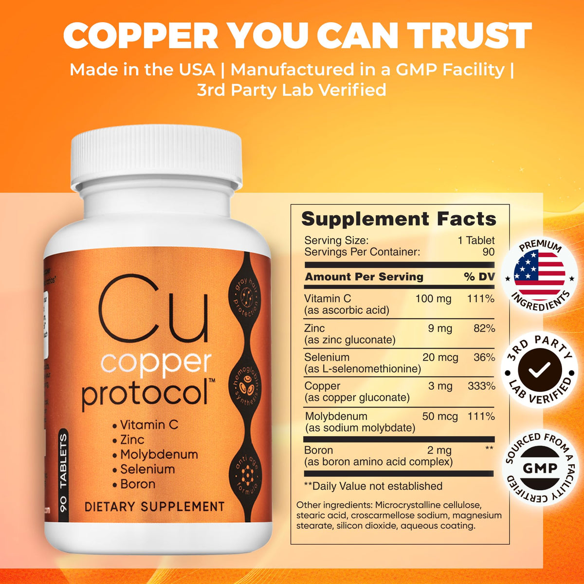 Copper Supplements for Women and Men (90 Capsules) Boosts Energy, Nourishes Body, Anti-Aging Formula, Includes Vitamin C, Zinc & Selenium, Non-GMO, Made in USA - GMP Certified