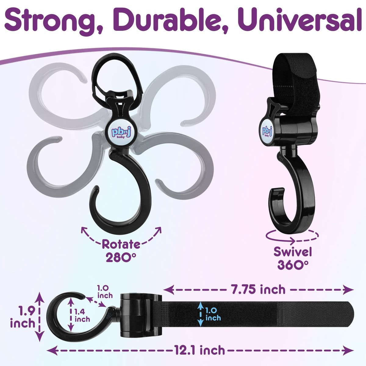 PBnJ Baby Stroller Hooks for Diaper Bags, Purses and Travel, 2 Pack