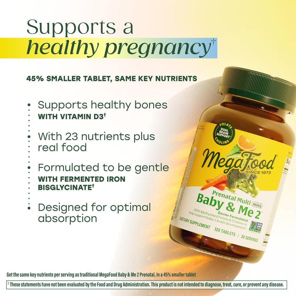 MegaFood Baby & Me 2 Prenatal Vitamins, Doctor Formulated, 120 Mini Tablets | Prenatal Vitamins for Women with Methylfolate, Choline, Iron, Iodine, Vitamin C & D3, Non-GMO, Vegetarian, 60 Servings