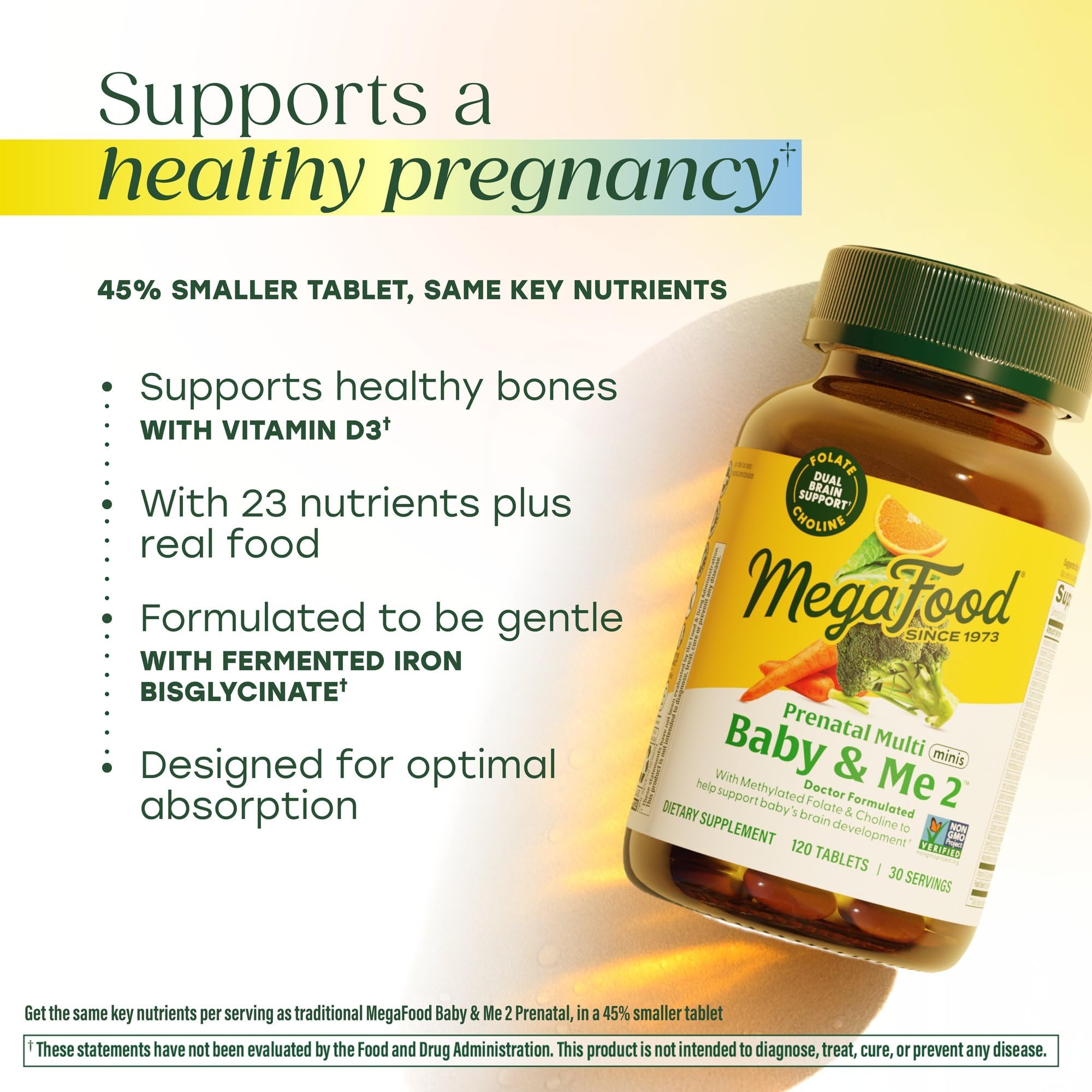 MegaFood Baby & Me 2 Prenatal Vitamins, Doctor Formulated, 120 Mini Tablets | Prenatal Vitamins for Women with Methylfolate, Choline, Iron, Iodine, Vitamin C & D3, Non-GMO, Vegetarian, 60 Servings