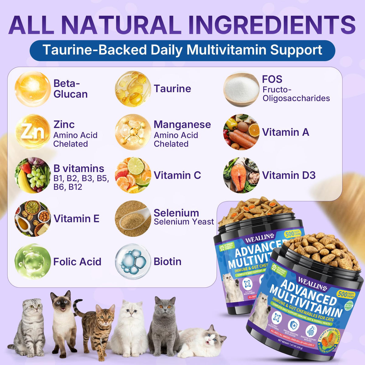 Taurine for Cats, Cat Vitamins & Multivitamin Treats, 500 Ct, Heart Support