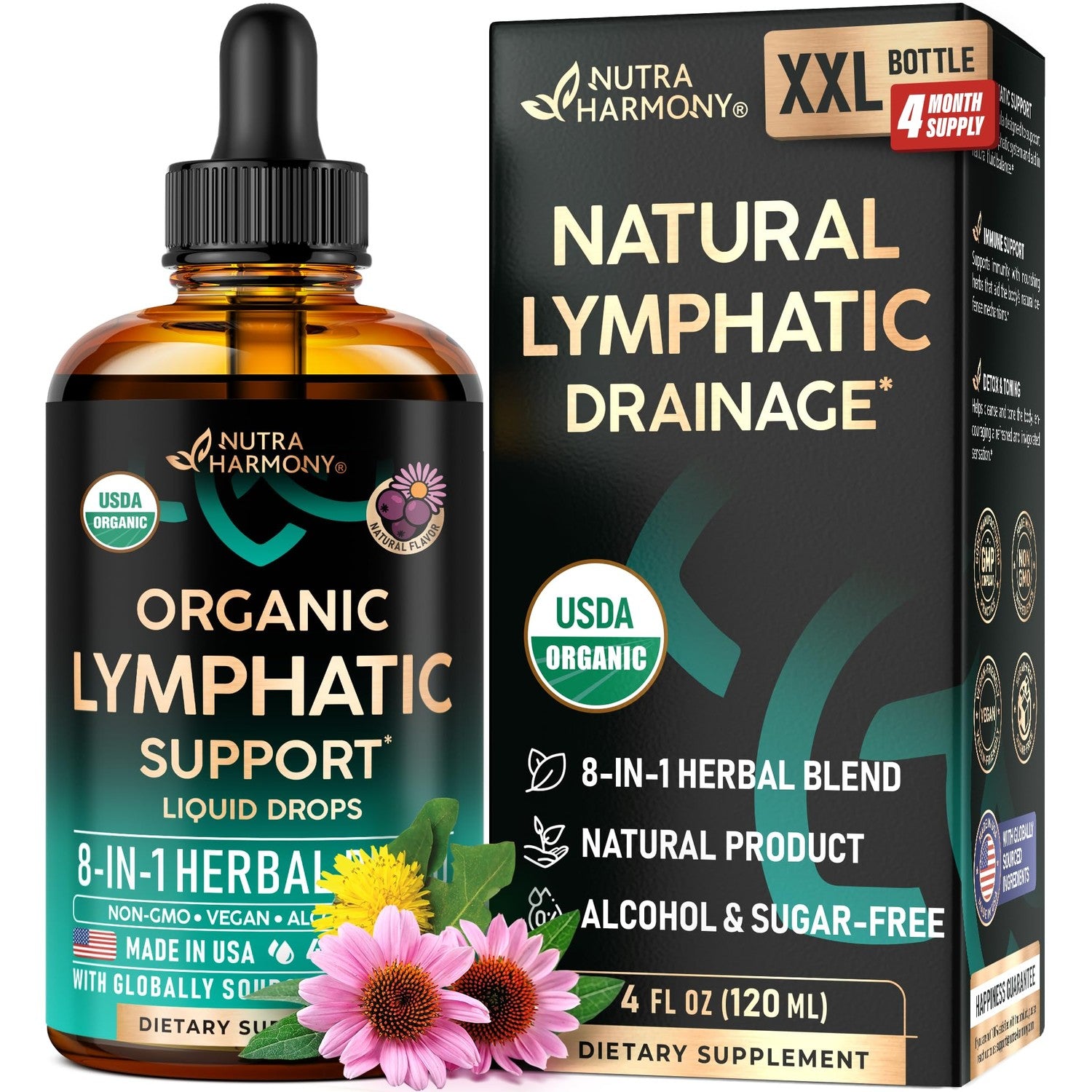Lymphatic Drainage Drops - USDA Organic Lymphatic Supplements - 2 fl oz | Echinacea, Elderberry, Dandelion, Rosehip, Cleavers, Calendula, Burdock - Sugar & Alcohol-Free - Immune & Lymph Flow Support