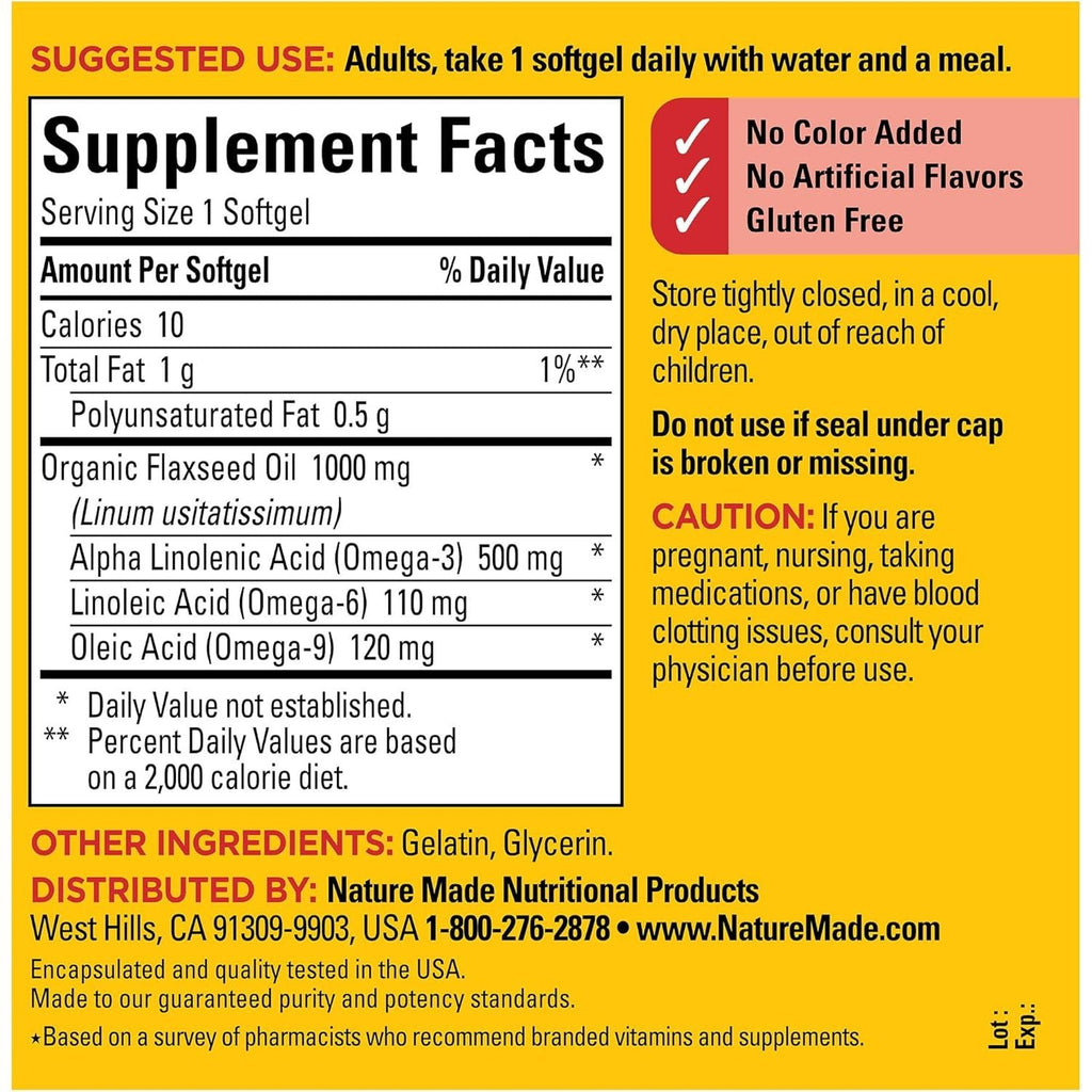 Buy now Nature Made Flaxseed Oil 1000 mg, Fish Free Omega 3 Supplement, Dietary Supplement for Heart Health Support, 180 Softgels, 180 Day Supply at indiglob india