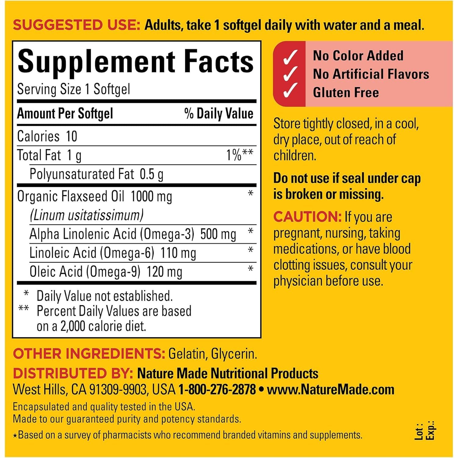 Buy now Nature Made Flaxseed Oil 1000 mg, Fish Free Omega 3 Supplement, Dietary Supplement for Heart Health Support, 180 Softgels, 180 Day Supply at indiglob india