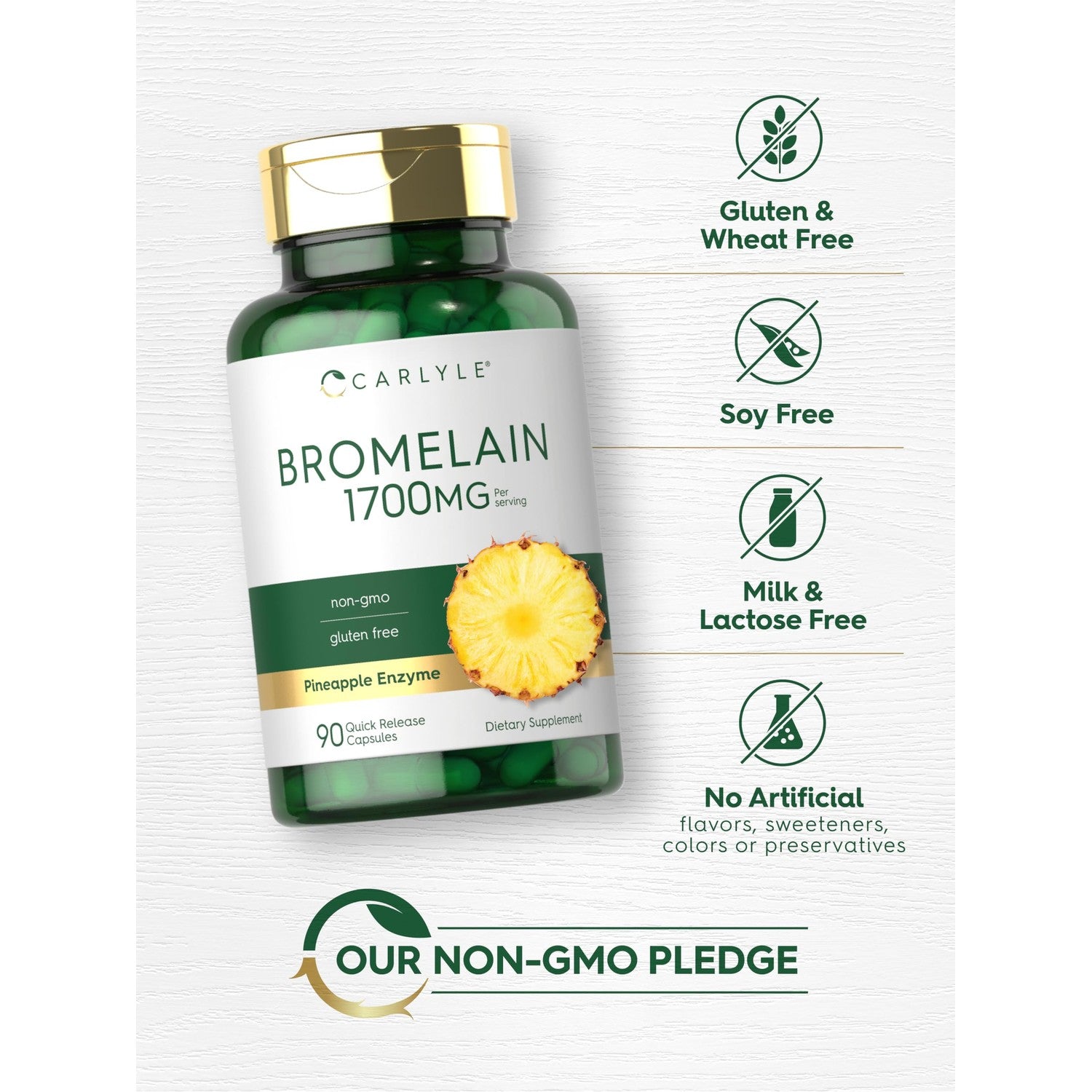 Carlyle Bromelain 1700 mg | 90 Capsules | Pineapple Enzyme Supplement | Non-GMO and Gluten Free