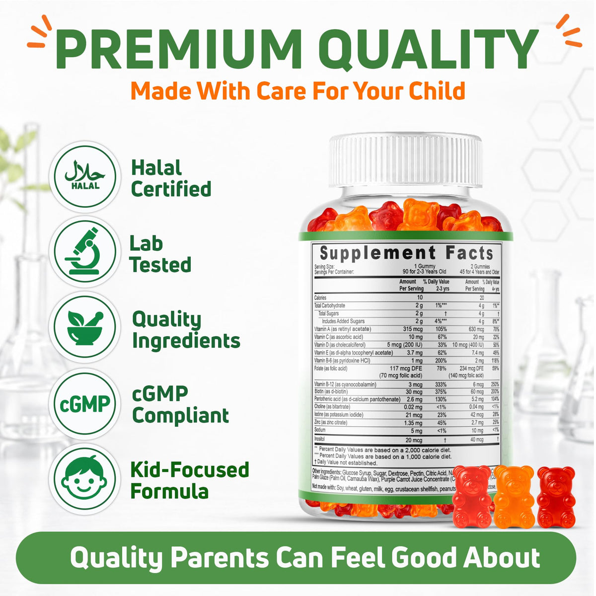 SHIFAA NUTRITION Halal Kids Multivitamin Gummies, 45-90 Days Supply, with All Essential Kids Vitamins. Toddler Vitamins with Vitamin C, D, Zinc, A, E, B6, B12, Biotin | Halal Gummies for Kids