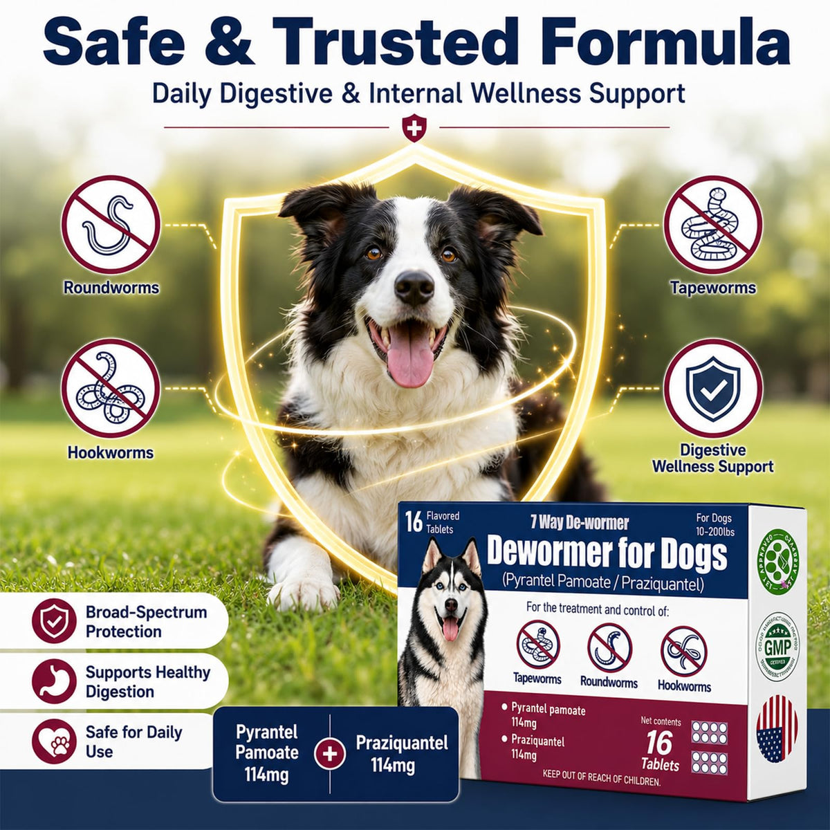 7-Way Dewormer for Dogs, Wormer for Tapeworms, Roundworms & Hookworms in Large Medium Dogs & Puppies (Over 10 lbs), with Praziquantel & Pyrantel Pamoate, 16 Tablets