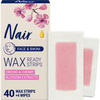 Nair Hair Remover Wax Ready Strips, Face and Bikini, 40 Count | Upper Lip, Chin & Cheek, Hair Removal, Dermatologist Tested, All Skin Type, Orchid and Cherry Blossom Extracts, Soft Skin