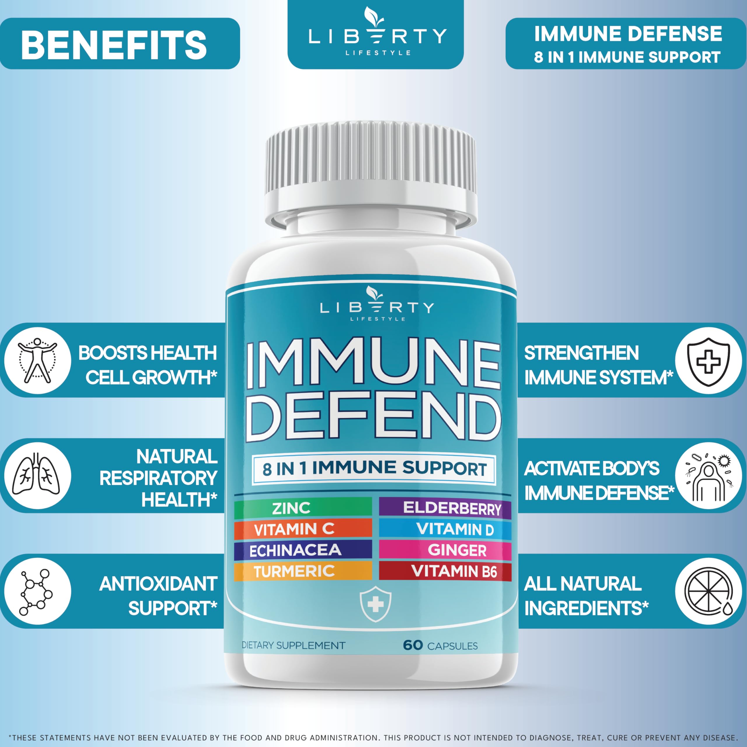 Liberty Lifestyle 8 in 1 Immune Supplement with Echinacea, Vitamin C and Zinc 50mg, Vitamin D 5000 IU, Turmeric Curcumin & Ginger, B6, Elderberry 180 Count (Pack of 3)