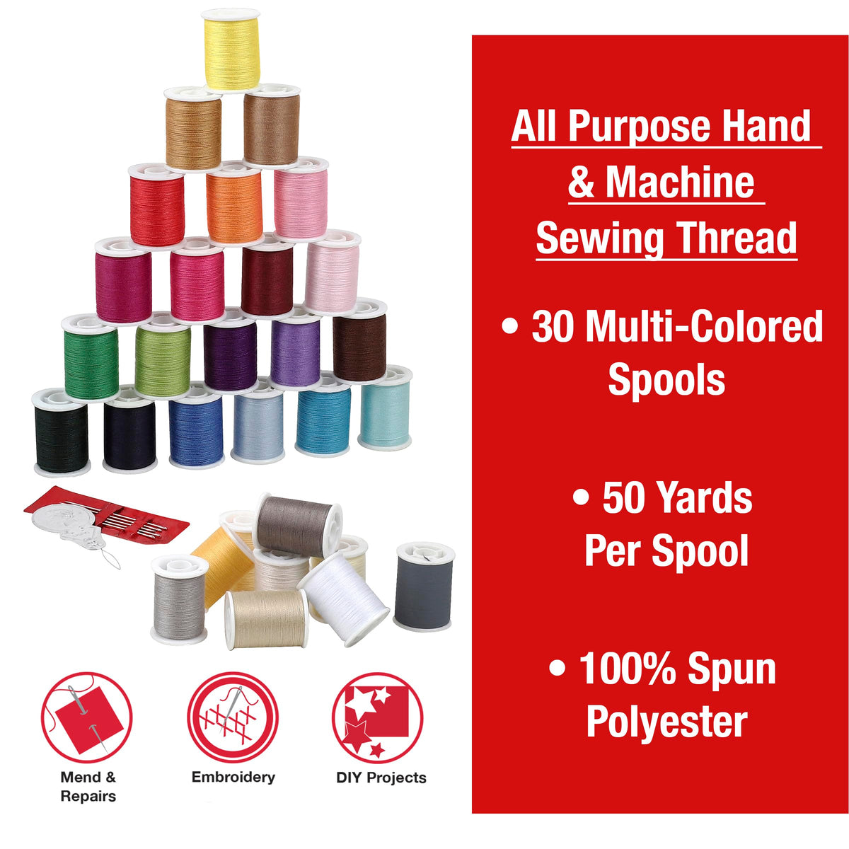 SINGER Polyester Sewing Thread Set, Assorted Colors, 50 Yards, 30 Count