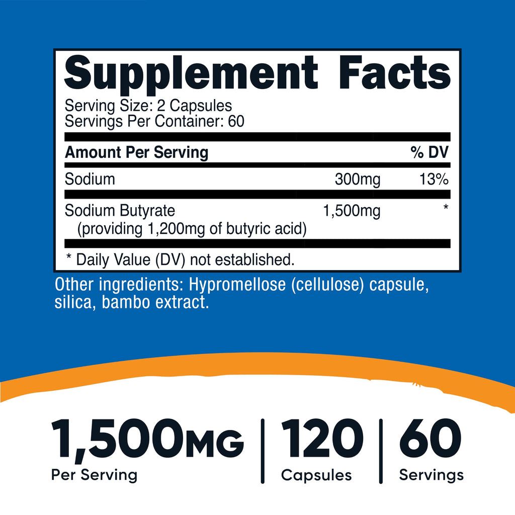 Nutricost Sodium Butyrate 1,500mg, 120 Capsules, 60 Servings Per Bottle