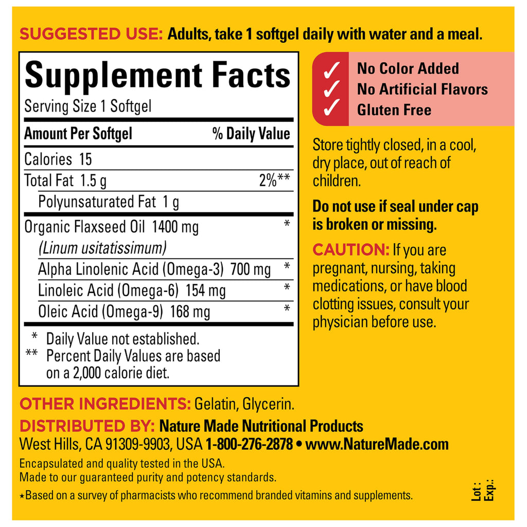 Nature Made Extra Strength Flaxseed Oil 1400 mg Softgels, 100 Softgels | Fish Free Omega 3 Supplement for Men and Women, Dietary Supplement for Heart Health Support, Gluten Free, 100 Day Supply