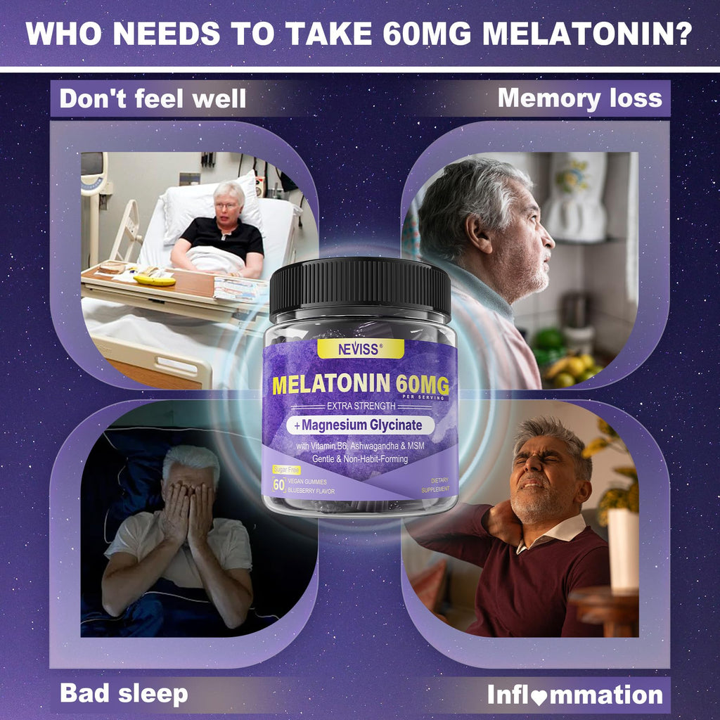 Melatonin Gummies 60mg 30mg for 50+Adults, High Dose, Extra Strength, 120Ct | With Magnesium Glycinate, Vitamin B6, Ashwagandha & MSM, Non-Habit Forming, Sugar Free, Vegan, Blueberry Flavor
