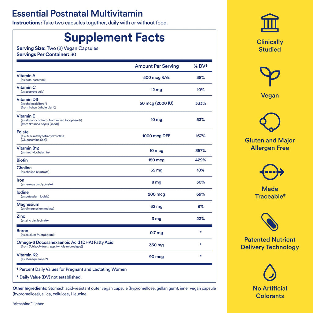 Ritual Women's Postnatal Multivitamin - 60 Capsules - 30 Servings | Key Essential Vitamins and Minerals - Support Mom and Baby Postpartum, Throughout Lactation* - Choline, DHA - Vegan - Citrus