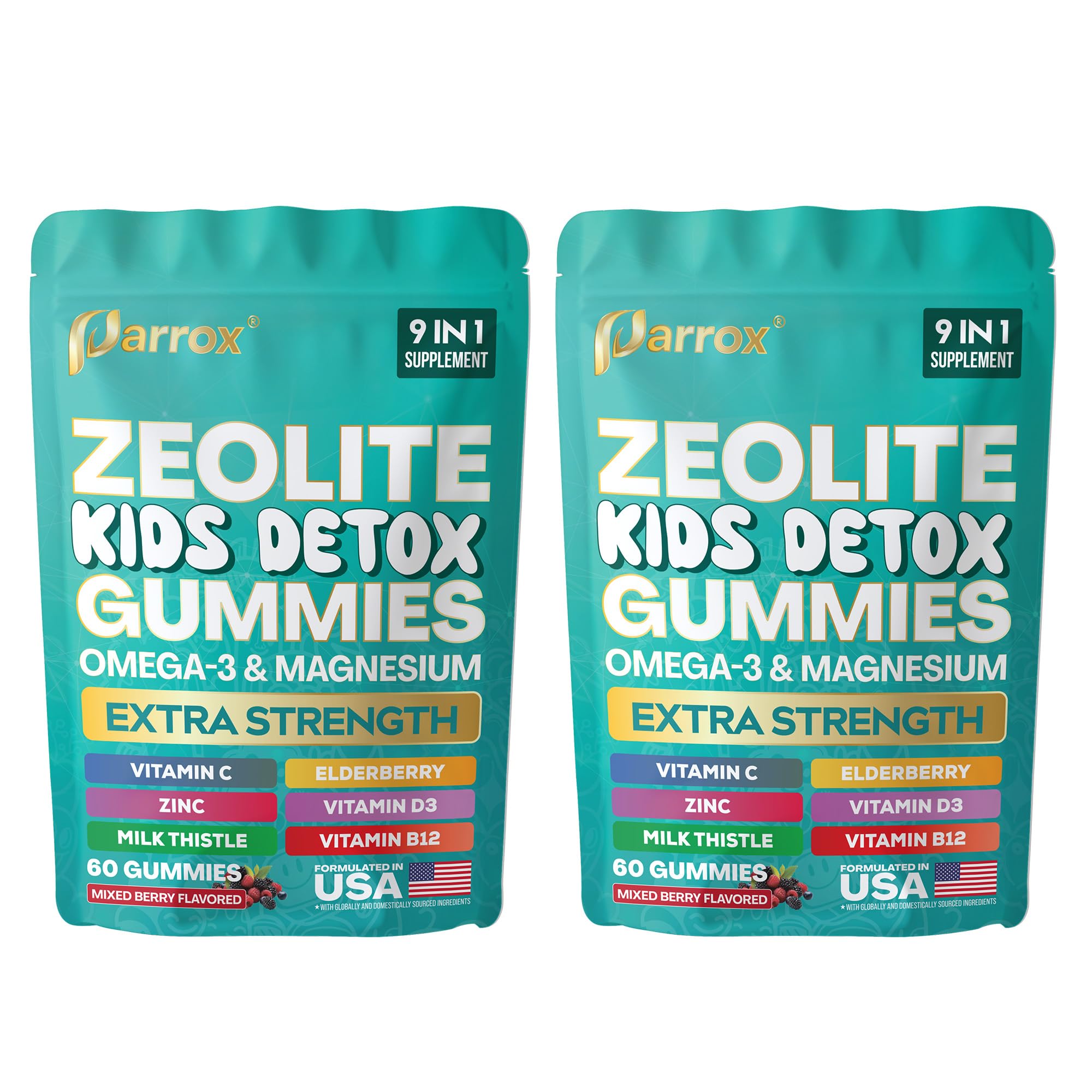 Zeolite Kids Detox Gummies, 9-in-1 Sugar-Free, Mixed Berry, 2 Pack | Extra Strength with Zeolite, Omega-3, Magnesium, Elderberry, Vitamin C, Milk Thistle, Vitamin D3, Zinc, B12