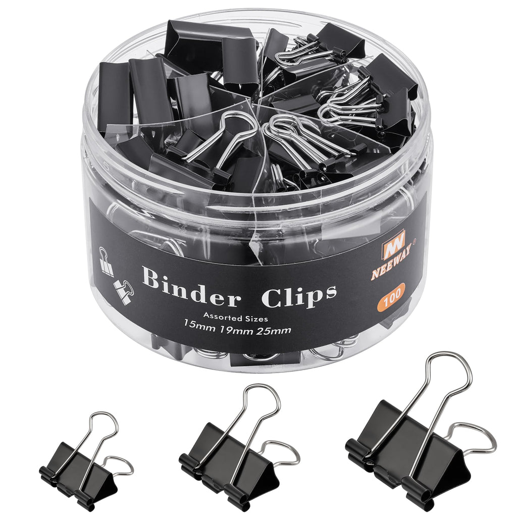 NEEWAY 100 Count Binder Clips Assorted Sizes, Paper Binder Clips (0.6inch 0.75inch 1inch), Metal Paper Clamps for Office and Home, Black