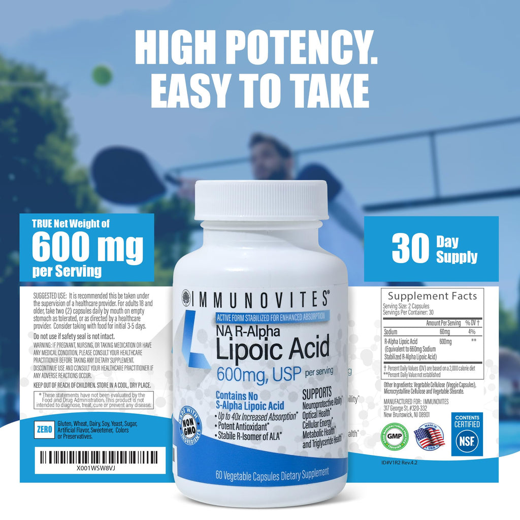 IMMUNOVITES Stabilized R-Alpha Lipoic Acid ((True)) 600mg per Serving [[High Potency & up to 40x Increased Absorption]] (Na R-ALA) (Na R-LA) (Na R-Lipoate) (1 Bottle)