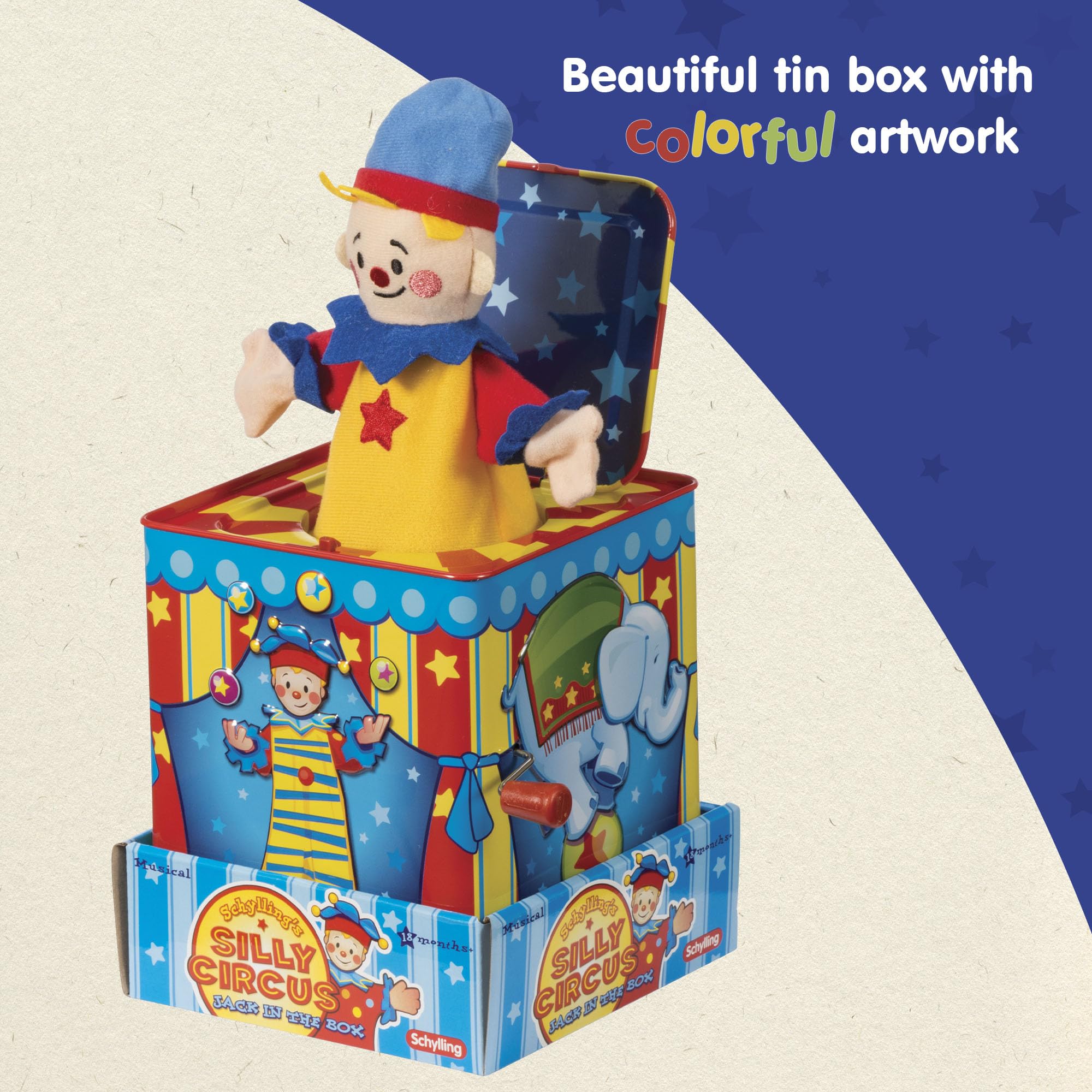 Buy now Schylling Silly Circus Jack in the Box - Classic Children's Musical Toy - Colorful Embossed Tin Box and Friendly Plush - Age 18 months and Up at indiglob india