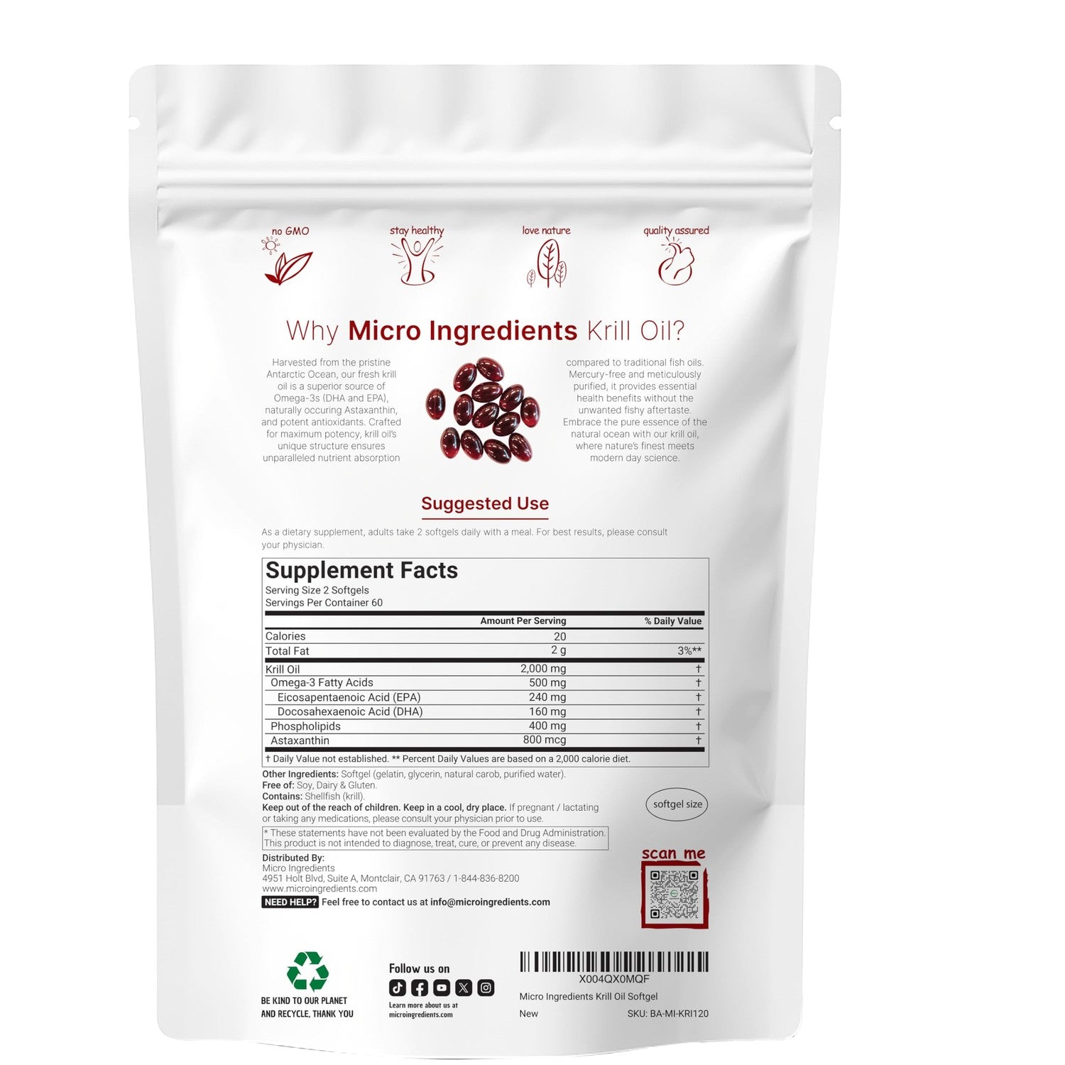 Micro Ingredients Antarctic Krill Oil Supplement, 2,000mg Per Serving, 120 Softgels, Triple Strength, Rich in Omega-3s EPA, DHA & Natural Astaxanthin, Supports Immune System & Brain Health