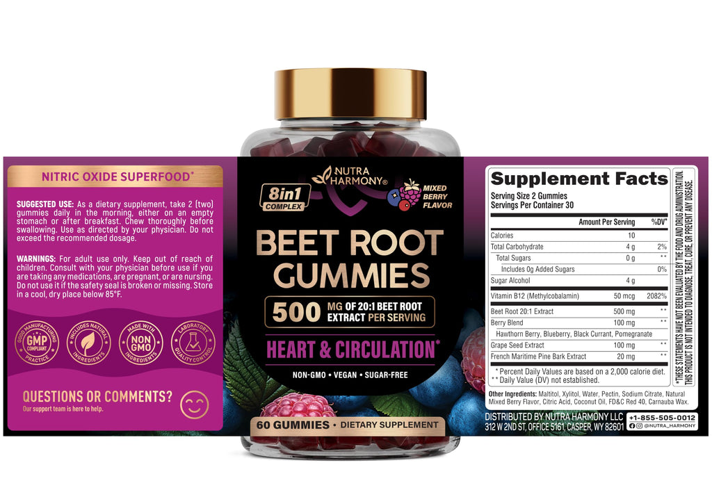 Beet Root Gummies 500mg - Blood Pressure Supplement - Sugar-Free, 60pcs