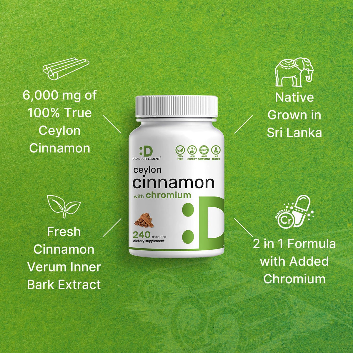 Ceylon Cinnamon with Chromium 1000mcg, 240 Capsules | Active Inner Bark Extract, True Sri Lanka Source | Natural Cinnamon Supplements