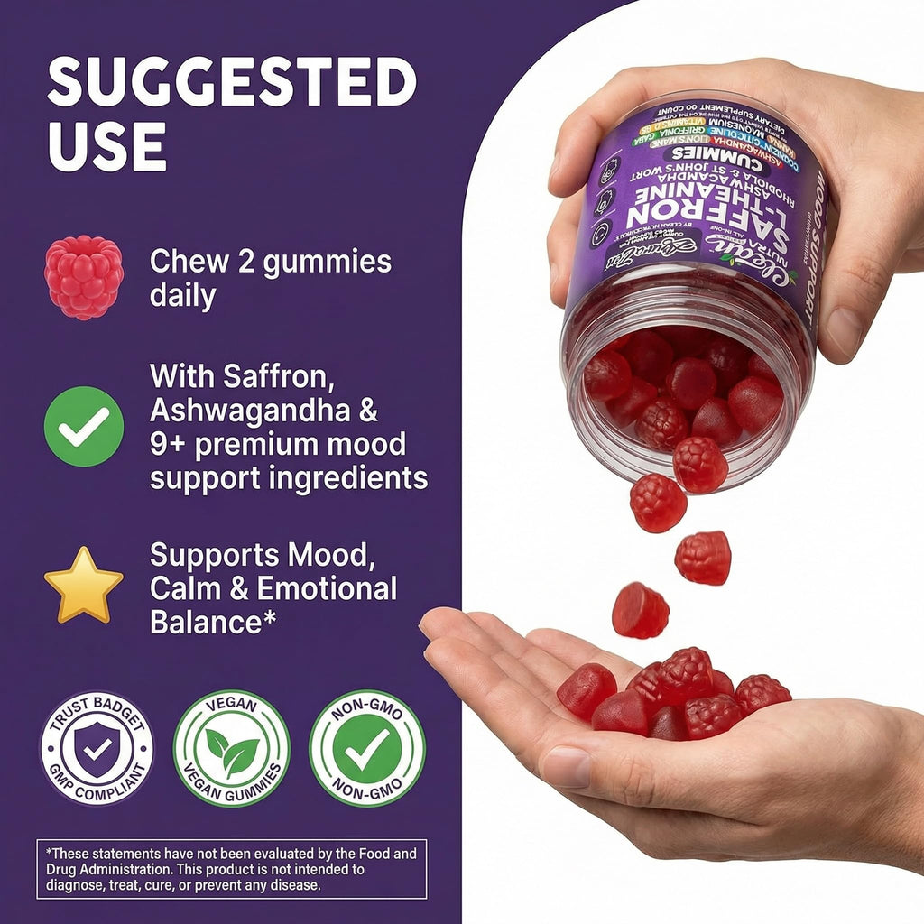 AuraZen Mood Support Saffron Gummies L-Theanine Ashwagandha Rhodiola St John's Wort Lions Mane GABA Vitamin D Magnesium Supplement | Calm Vegan Plant-Based Herbal Gummy By Clean Nutra