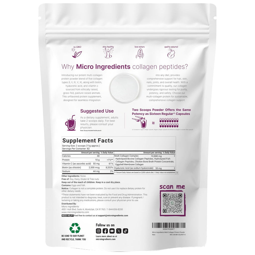 Micro Ingredients Multi Collagen Peptides Powder, 2lb (82 Servings) | Hydrolyzed Type I, II, III, V, X with Biotin, Hyaluronic Acid & Vitamin C. Unflavored Collagen for Women & Men, Easy Dissolve