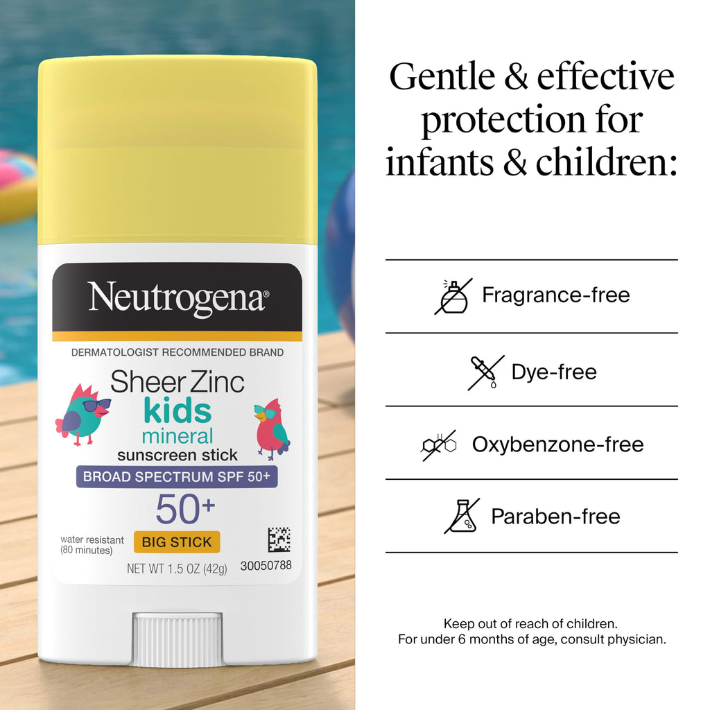 Neutrogena Sheer Zinc Oxide Kids Mineral Sunscreen Stick SPF 50+, 1.5 oz | Broad Spectrum Protection, Water-Resistant Sunscreen Stick, Gentle on Sensitive Skin, Dermatologist Recommended