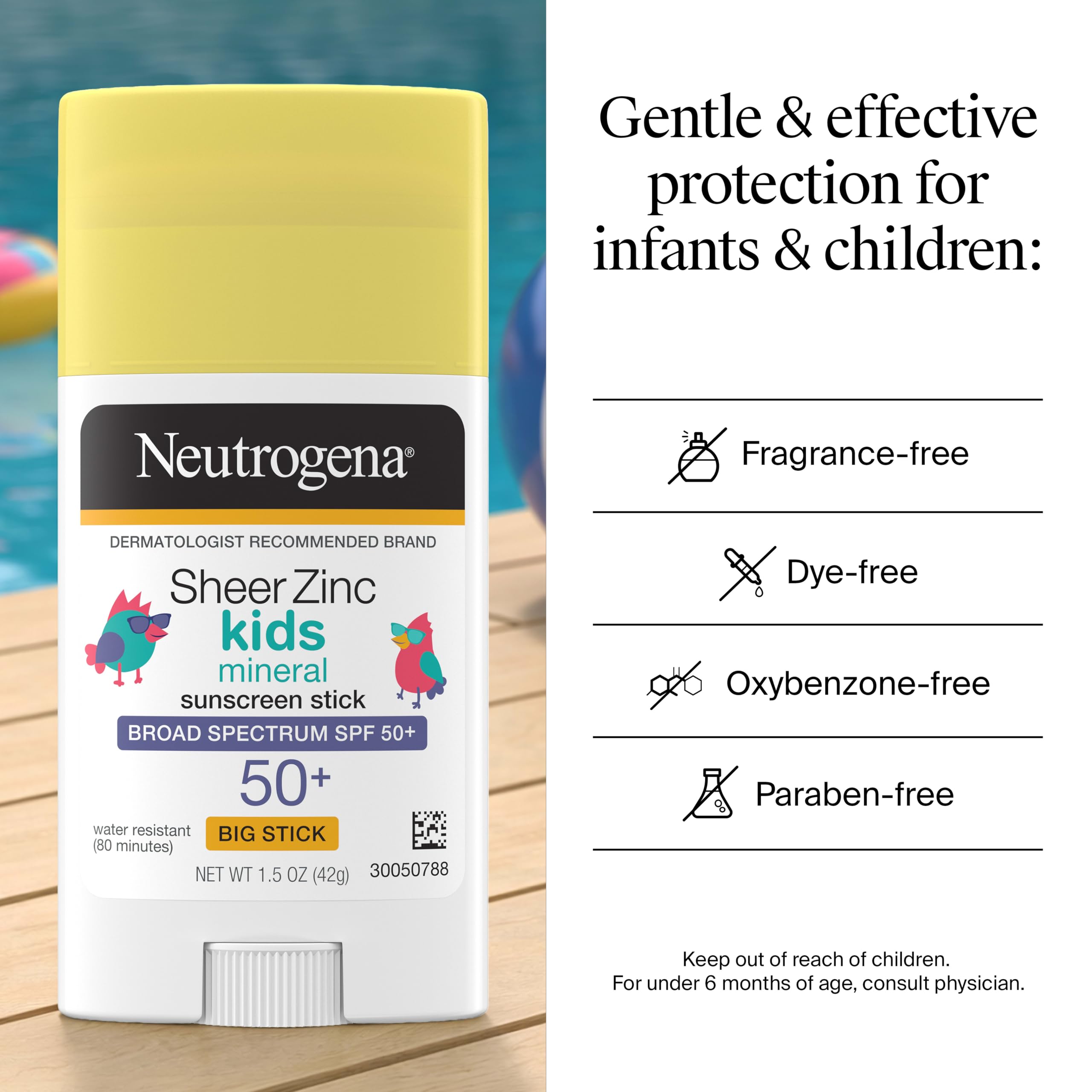 Neutrogena Sheer Zinc Oxide Kids Mineral Sunscreen Stick SPF 50+, 1.5 oz | Broad Spectrum Protection, Water-Resistant Sunscreen Stick, Gentle on Sensitive Skin, Dermatologist Recommended